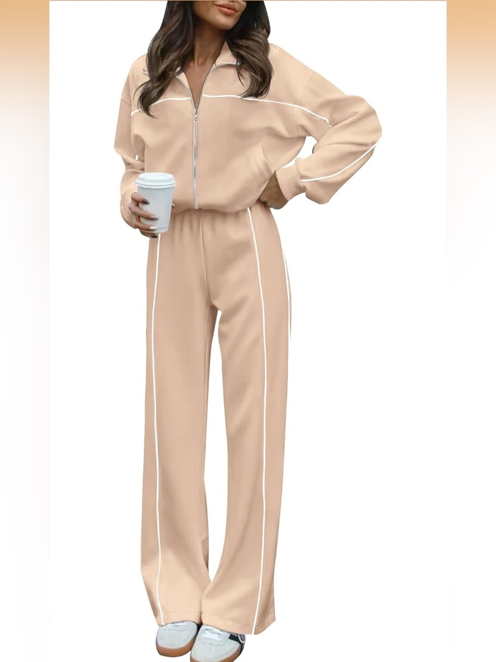 2 piece matching SET Beige Wide-Leg Track jacket and sweatpants White Piping